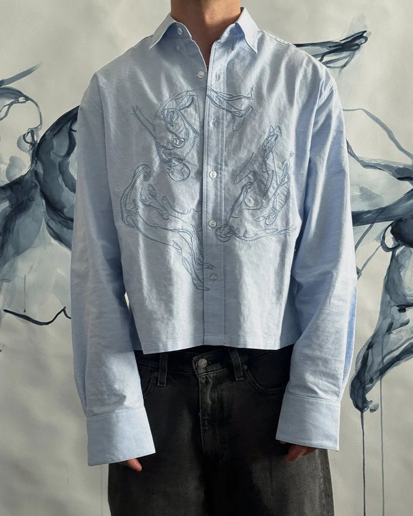 XHAUST Sky Blue Embroidered Waffle Boxy Shirt | Premium Cotton Statement Shirt for Men